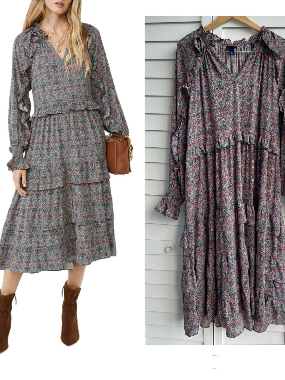 DRESS FLIRAL Long Sleeve Tiered Midi Dress in Green and Pink/Multicolor Size: L